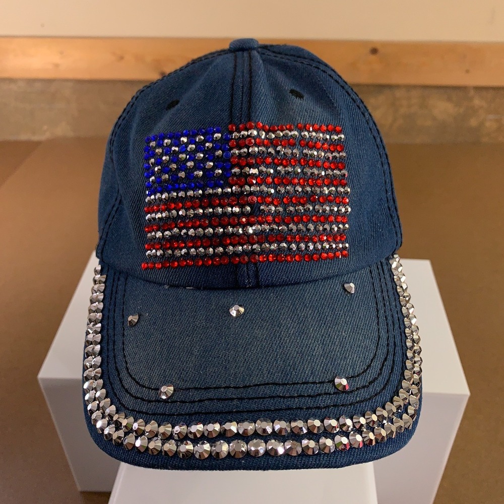 Isla Bonita Womens One Size Blue Rhinestone Flag Embellished Strapback Cap NWT
